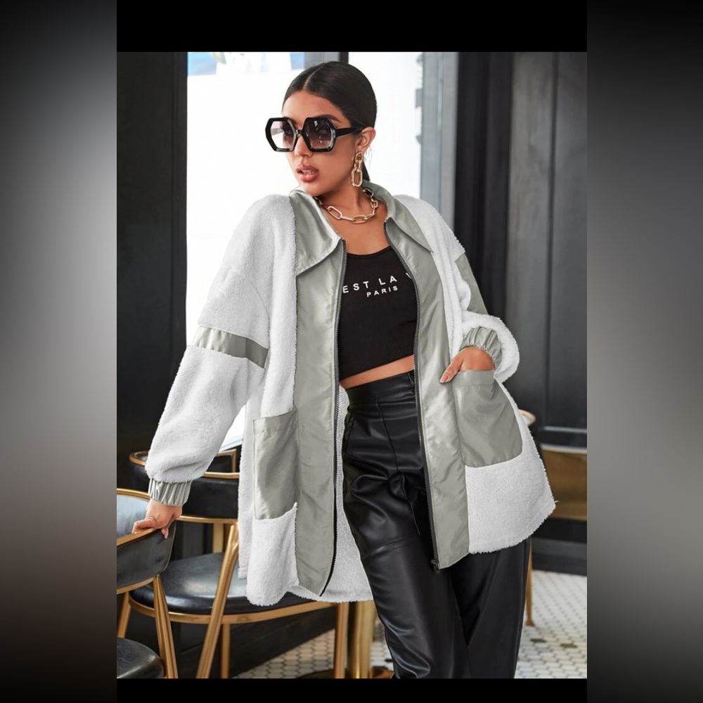 SHEIN BRAND JACKET TEDDY JACKET FLUFFY SAGE AND WHITE